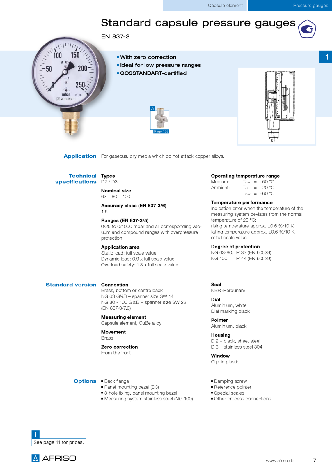 Afriso标准D3型胶囊压力表