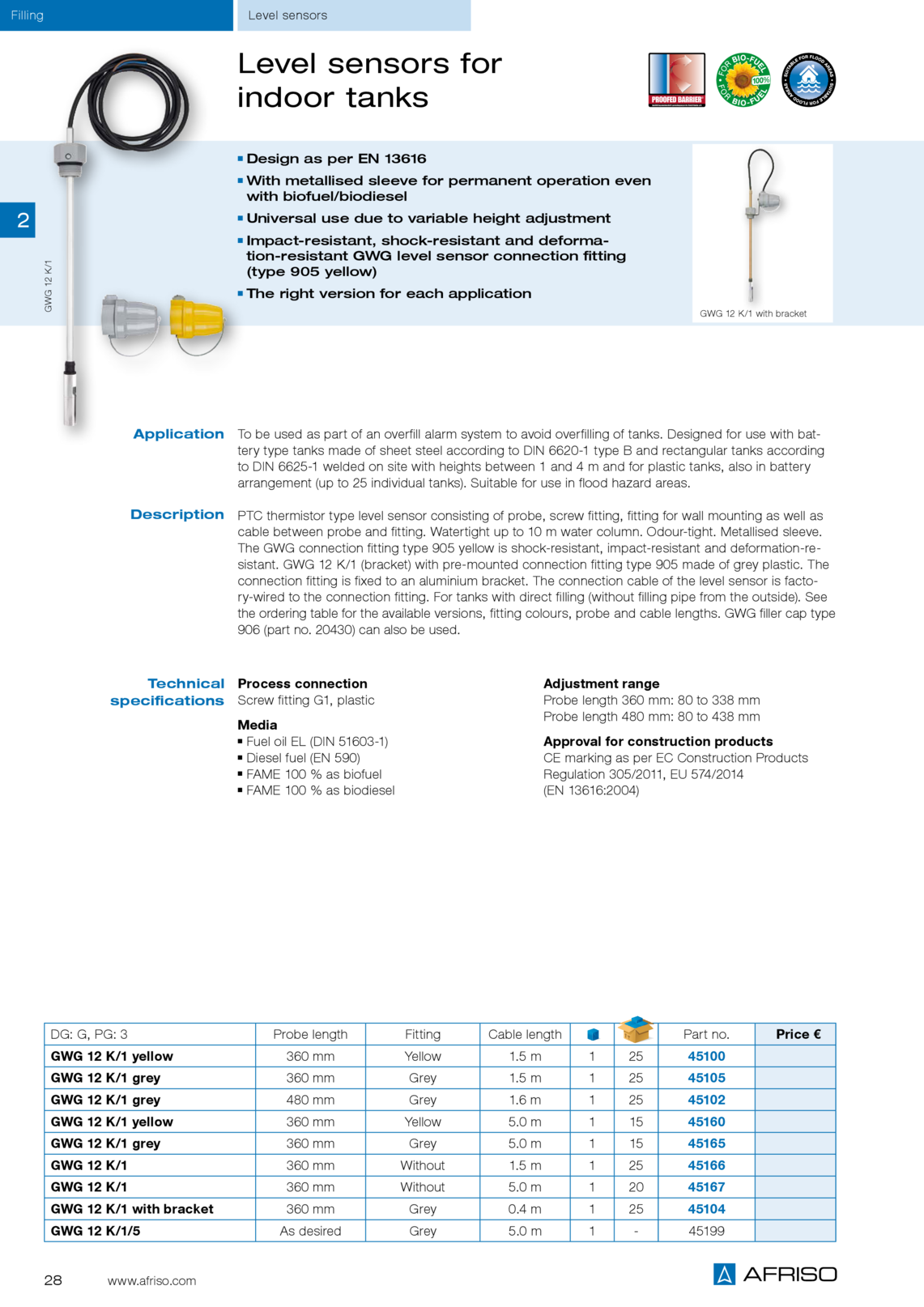 Afriso液位传感器GWG 12 K / 1室内水箱