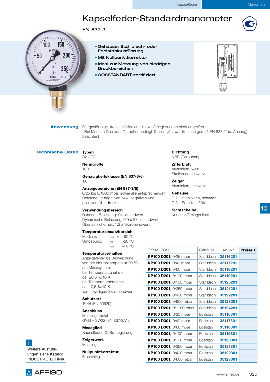 Afriso Kapselfeder-Standardmanometer典型D4