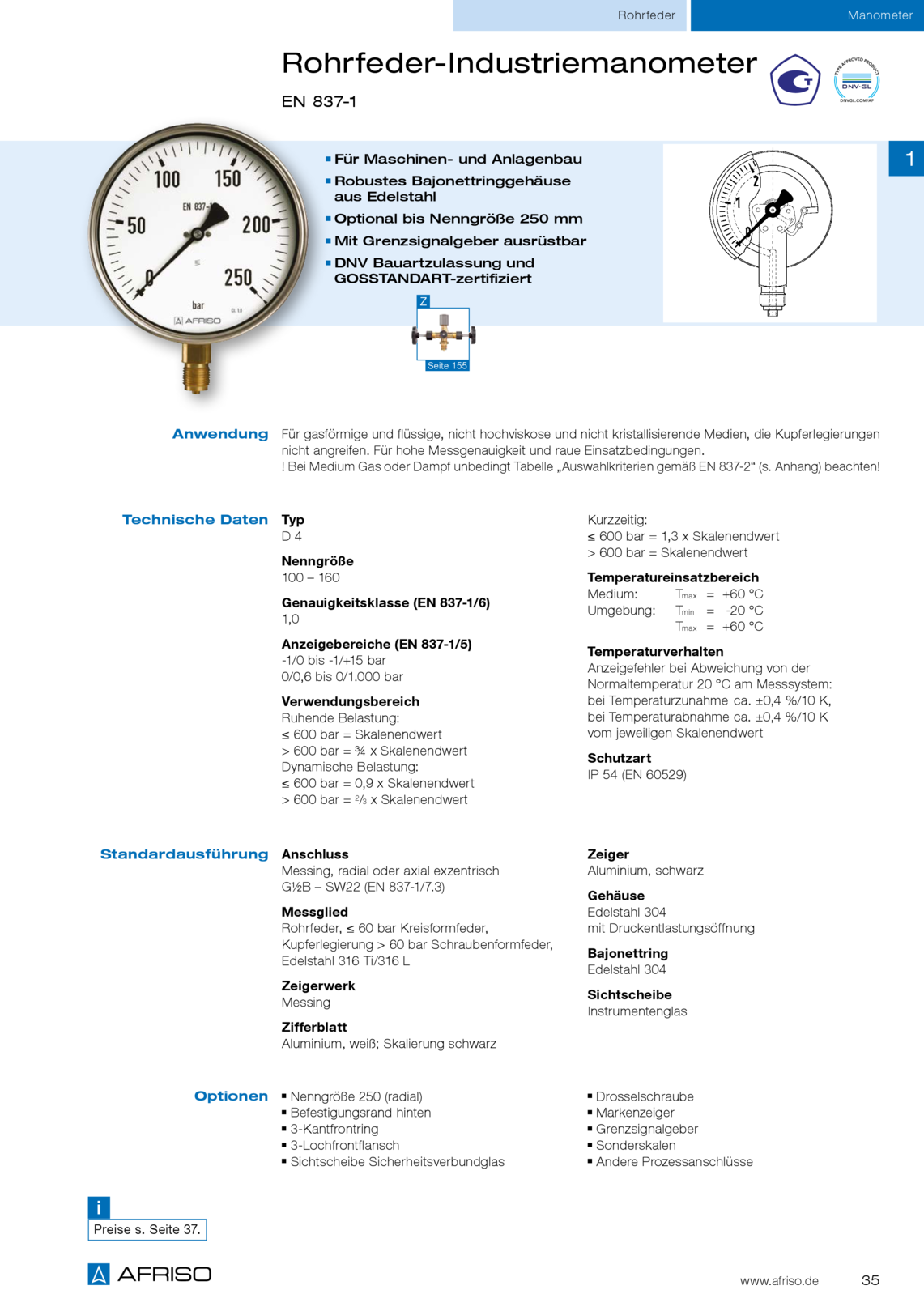 Afriso Rohrfeder-Industriemanometer典型D4