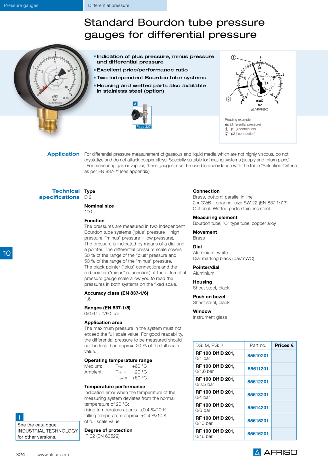 Afriso标准波登管压力表，适用于差动压力D2型