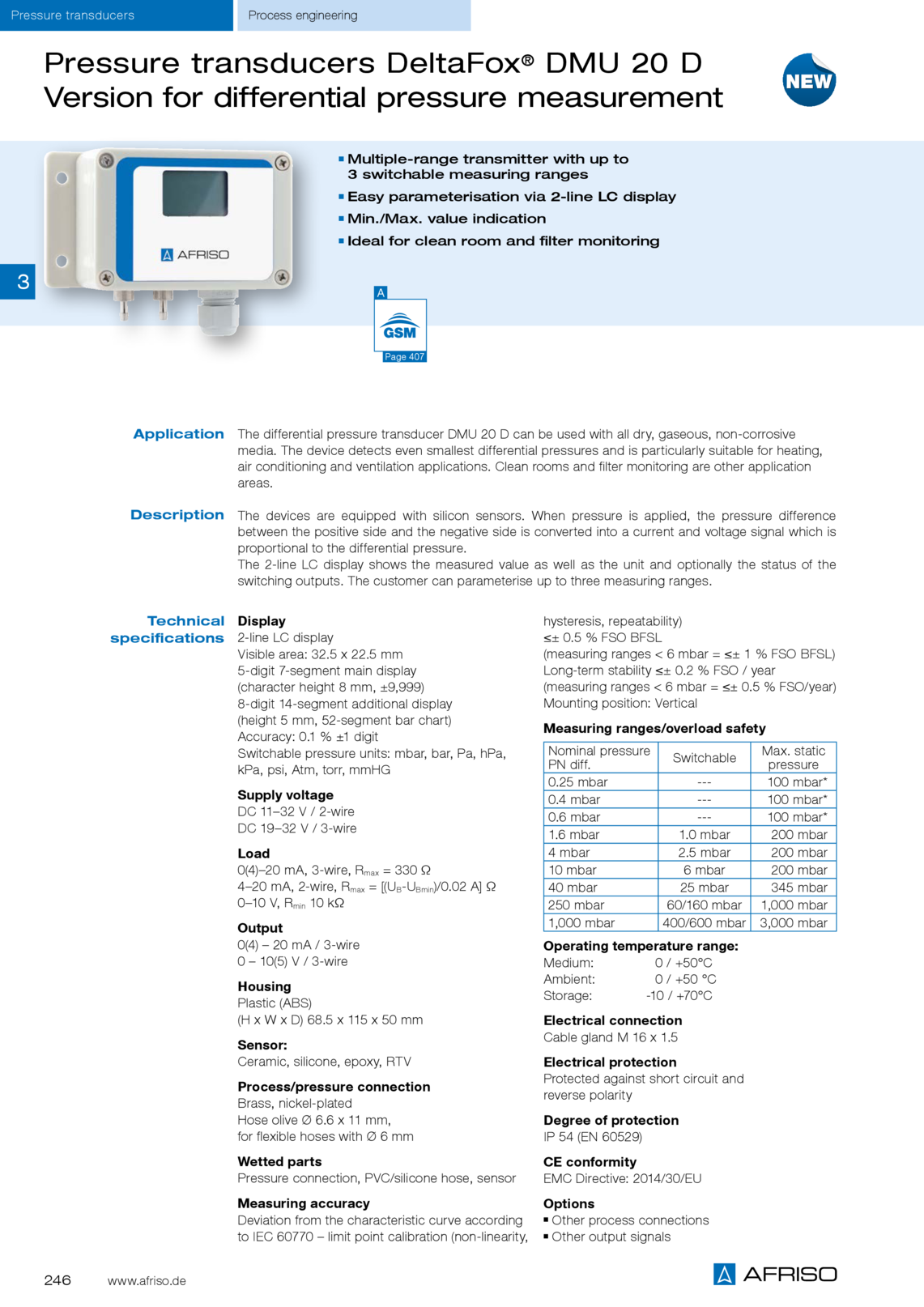用于差压测量的Afriso压力传感器DeltaFox®DMU 20d版本